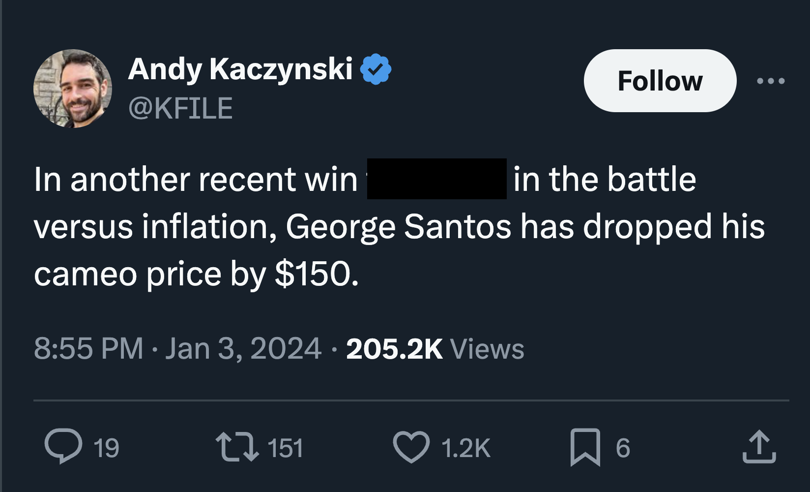 screenshot - Andy Kaczynski In another recent win in the battle versus inflation, George Santos has dropped his cameo price by $150. Views 19 151 6